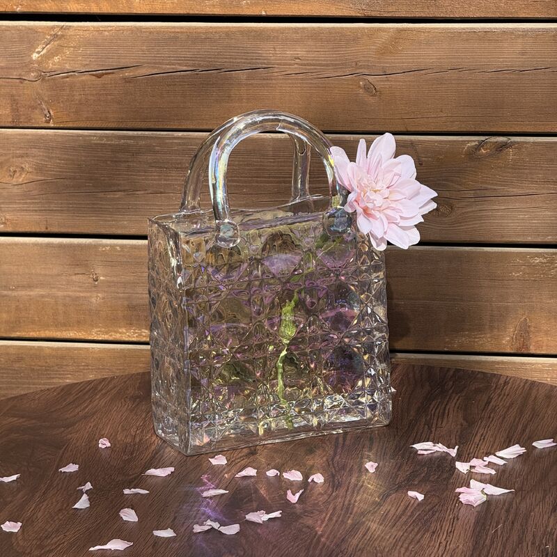 গুণ Hand-Blown Diamond Pattern Glass Handbag Vase - Versatile Decorative Centerpiece for Home & Wedding Decor কারখানা