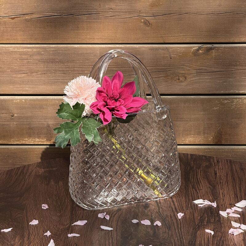 গুণ Hand-Blown Diamond Pattern Glass Handbag Vase - Versatile Decorative Centerpiece for Home & Wedding Decor কারখানা