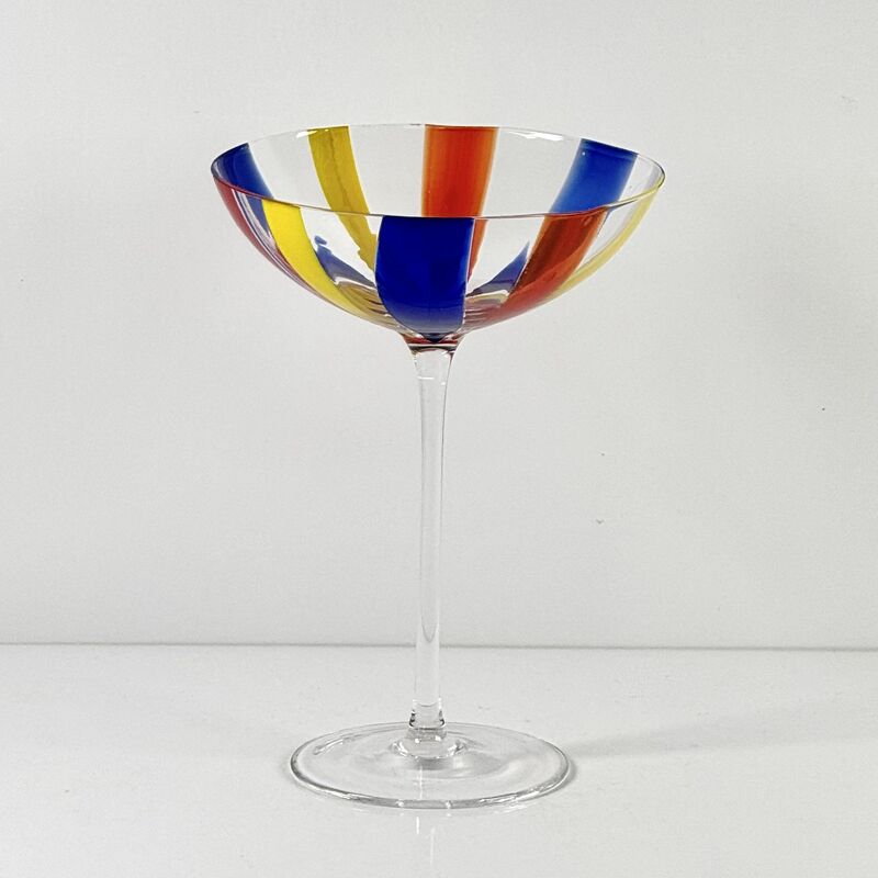 গুণমান Hand Blown Art Glass Goblet & Coupe Glass Set, Vibrant Red Yellow Blue Vertical Cane Stripes Murano Style Stemmed Wine & Martini Glasses for Bar, Party & Gift কারখানা