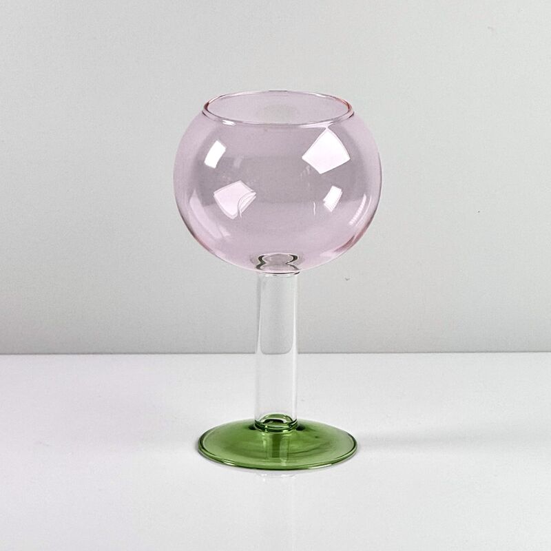 গুণমান Hand Blown Borosilicate Stemmed Wine & Cocktail Glass Set, Pink Bowl with Green Hollow Stem Base, Colored Spray Tinted Art Goblets for Bar, Wedding & Table Decor কারখানা