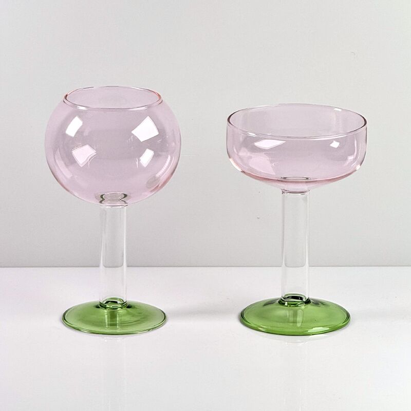 গুণমান Hand Blown Borosilicate Stemmed Wine & Cocktail Glass Set, Pink Bowl with Green Hollow Stem Base, Colored Spray Tinted Art Goblets for Bar, Wedding & Table Decor কারখানা