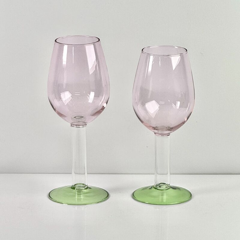 গুণমান Hand Blown Borosilicate Stemmed Wine & Cocktail Glass Set, Pink Bowl with Green Hollow Stem Base, Colored Spray Tinted Art Goblets for Bar, Wedding & Table Decor কারখানা
