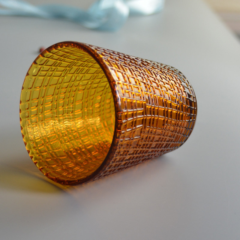 গুণ Embossed Linen Pattern Solid Amber Glass Tea Light Holders কারখানা