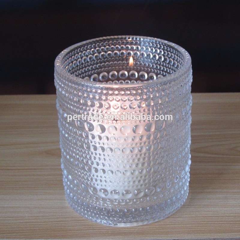 গুণ Customized Embossed Beads Strings Glass Votive Candle Holders ,  Glass Cylinder Candle Holders কারখানা