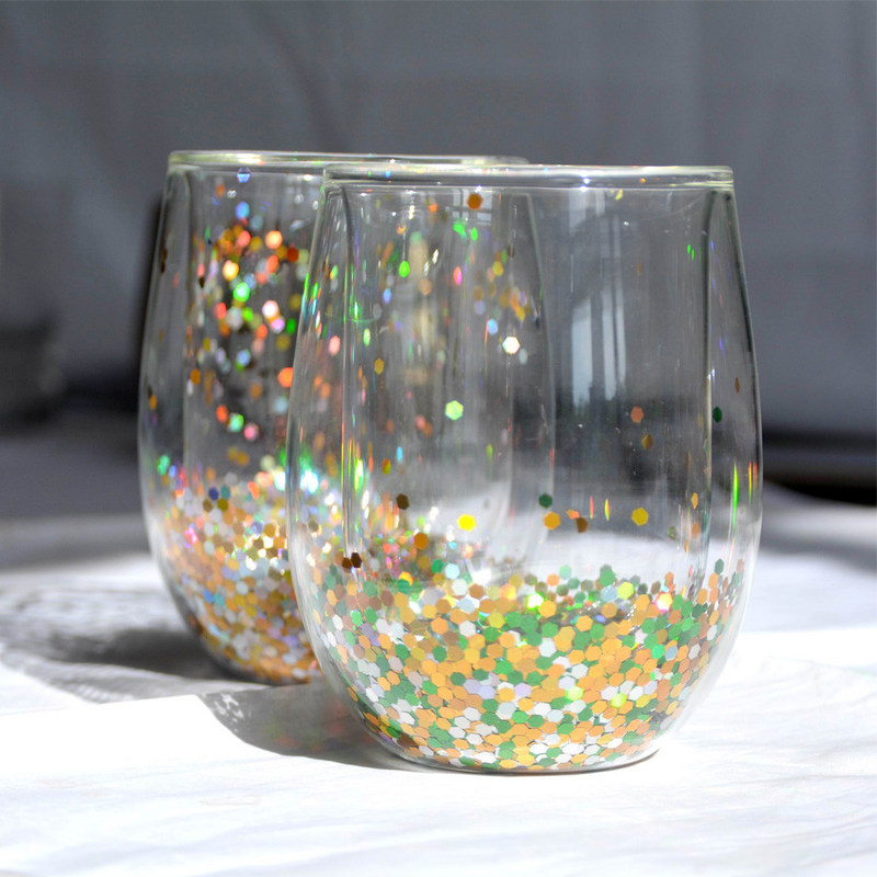 গুণ 13oz Customized Borosilicate Double Wall Tumbler Drinking Glasses With Colorful Glitter Inside কারখানা