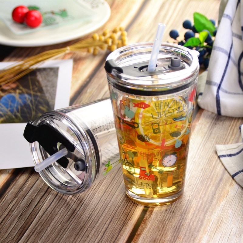 গুণ Decorated Pint Ice Tea Glass Cup With Lid And Silicate Straw Cocktail Tumbler Drinking Glasses কারখানা