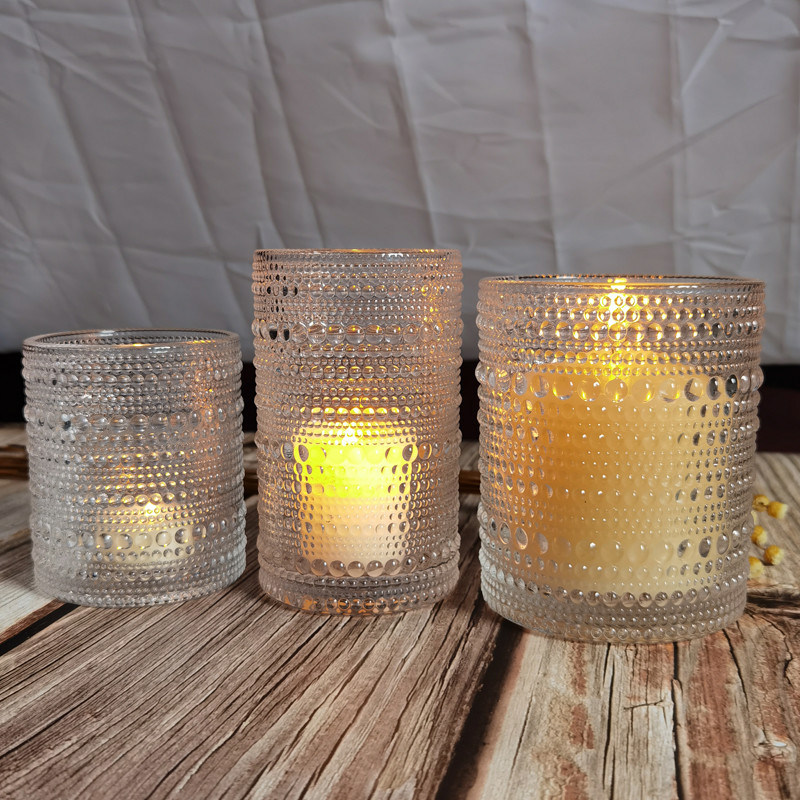 গুণ Customized Embossed Beads Strings Glass Votive Candle Holders ,  Glass Cylinder Candle Holders কারখানা