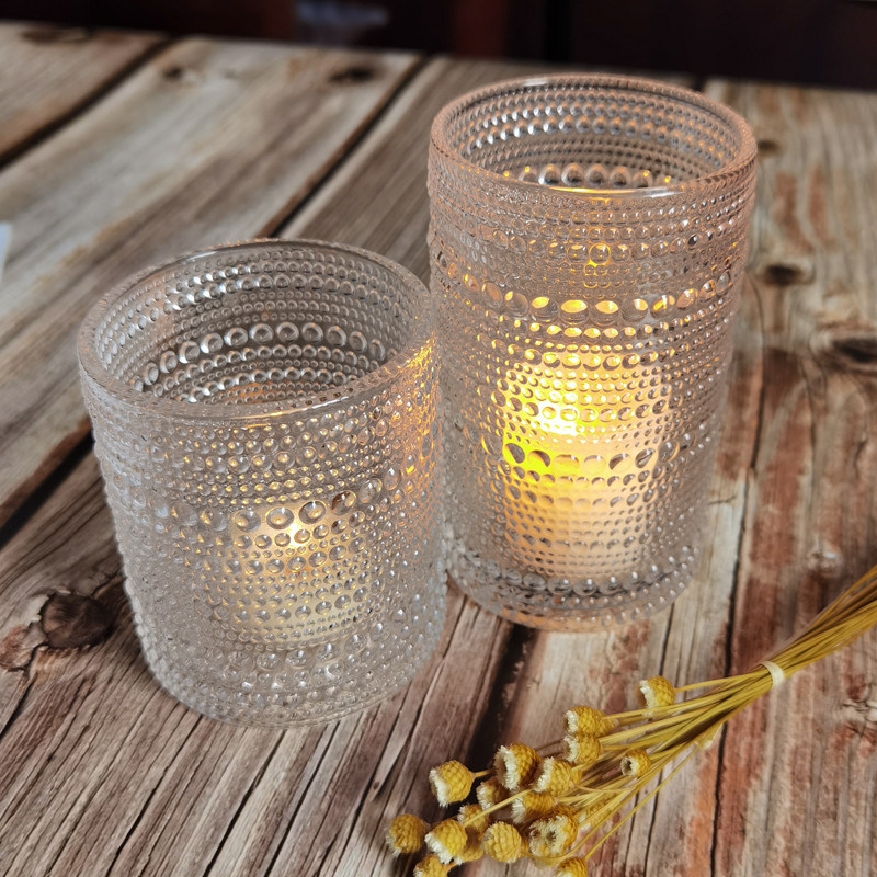 গুণ Customized Embossed Beads Strings Glass Votive Candle Holders ,  Glass Cylinder Candle Holders কারখানা