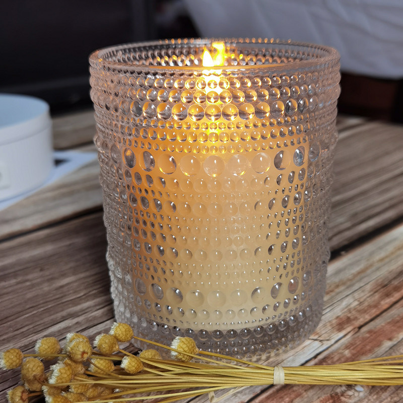 গুণ Customized Embossed Beads Strings Glass Votive Candle Holders ,  Glass Cylinder Candle Holders কারখানা