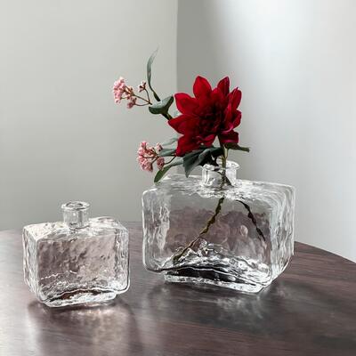 গুণ Rectangular Clear Hammered Glass Vase - Modern Minimalist Decorative Flower Vase for Table Centerpiece কারখানা