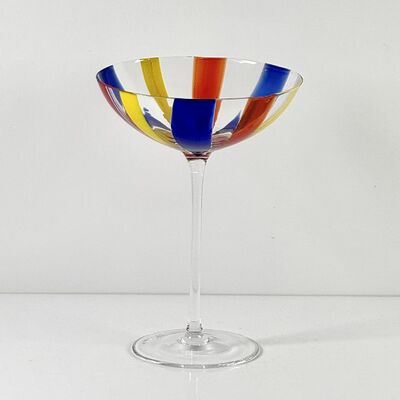 গুণমান Hand Blown Art Glass Goblet & Coupe Glass Set, Vibrant Red Yellow Blue Vertical Cane Stripes Murano Style Stemmed Wine & Martini Glasses for Bar, Party & Gift কারখানা