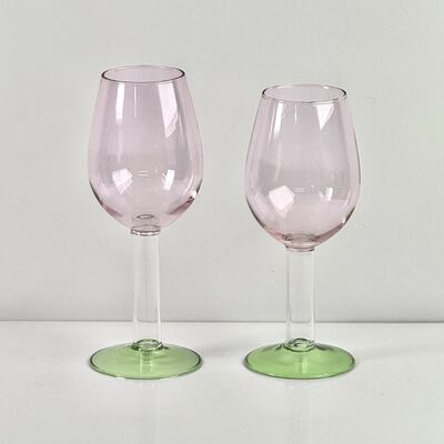গুণমান Hand Blown Borosilicate Stemmed Wine & Cocktail Glass Set, Pink Bowl with Green Hollow Stem Base, Colored Spray Tinted Art Goblets for Bar, Wedding & Table Decor কারখানা