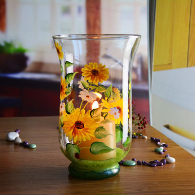 গুণ Hand Painted Sunflower Pattern Glass Candle Holders For Home কারখানা