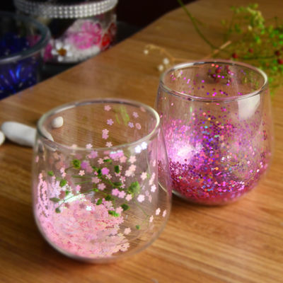 গুণ Customized Double Wall Glass Coffee Cup Decorative Glitter Tumbler Drinking Glasses কারখানা