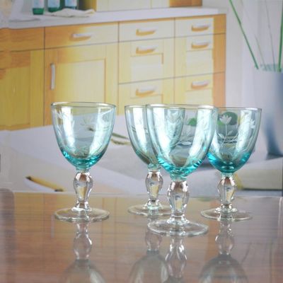গুণ Vintage Scandinavian Style Engraved Turqoise Crystal Wine Glass , Clear Goblet Glasses কারখানা