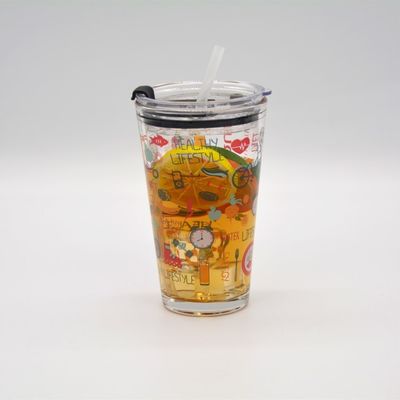 গুণ Decorated Pint Ice Tea Glass Cup With Lid And Silicate Straw Cocktail Tumbler Drinking Glasses কারখানা