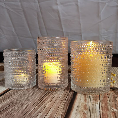 গুণ Customized Embossed Beads Strings Glass Votive Candle Holders ,  Glass Cylinder Candle Holders কারখানা